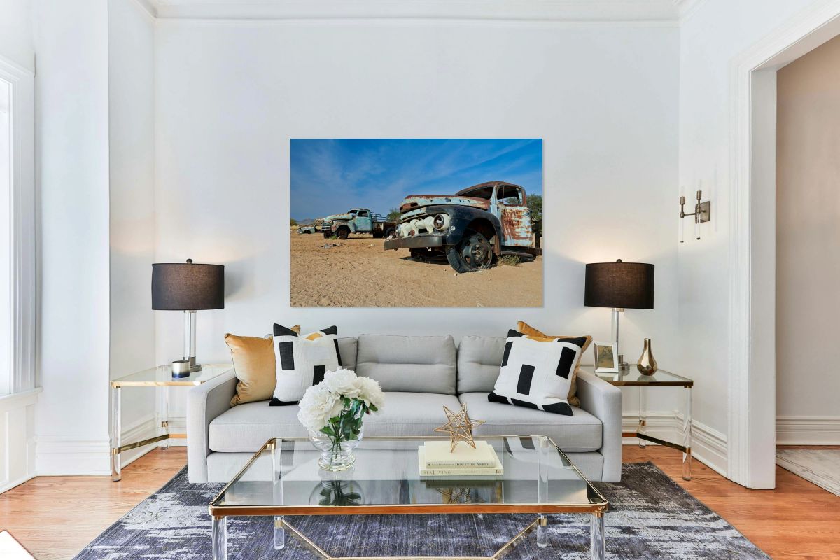 Classic cars wrecks decay in Namibia desert countryside