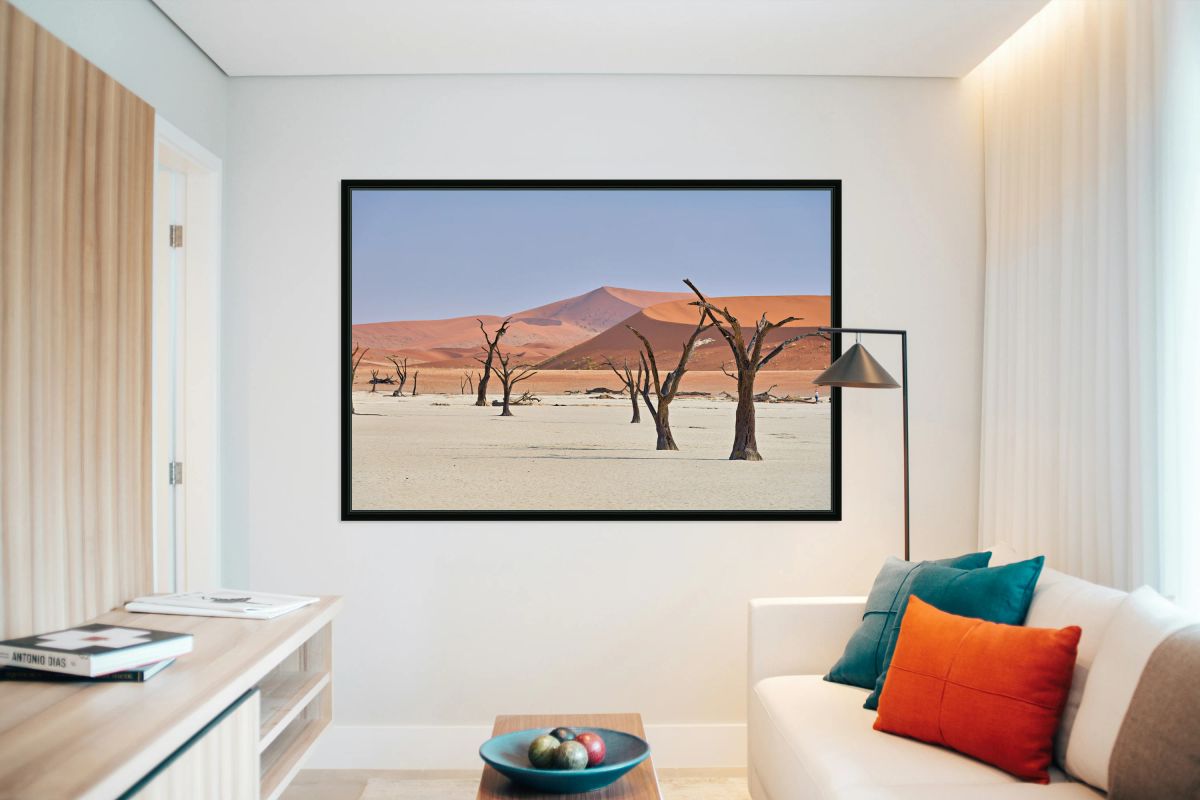 Dried camel thorn trees in Deadvlei Namibia under clear sky