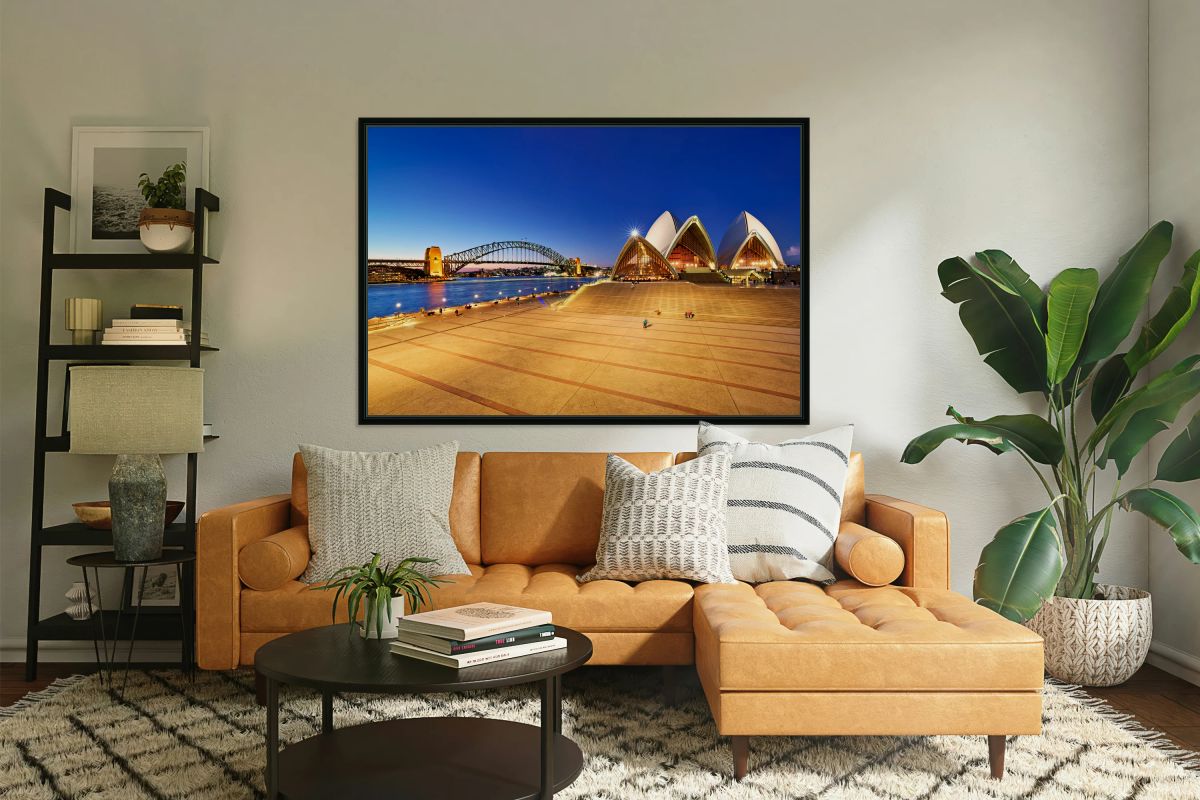 Sydney Opera House and Harbour Bridge at dusk.