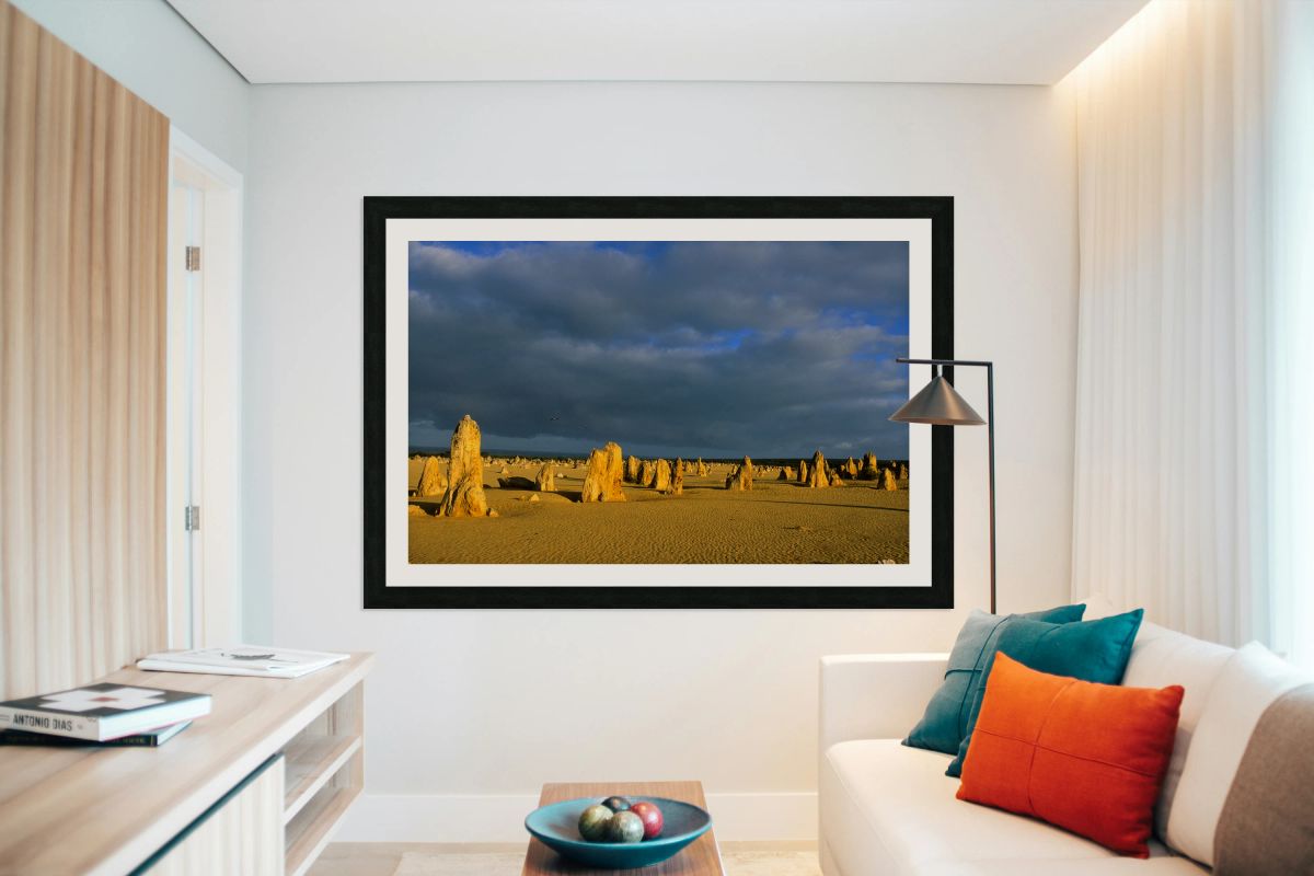 The Pinnacles desert landscape with dramatic clouds and birds.