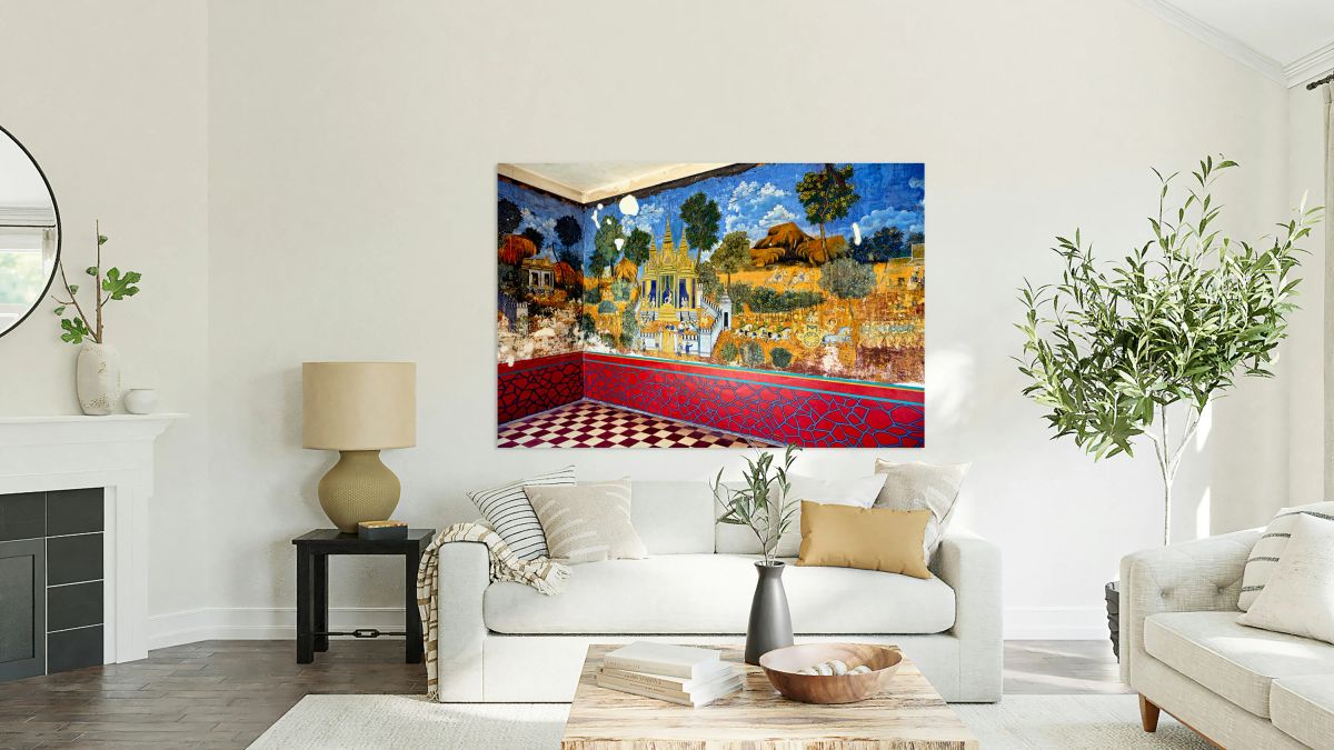 Vibrant aged mural depicting traditional temple scenes with peo