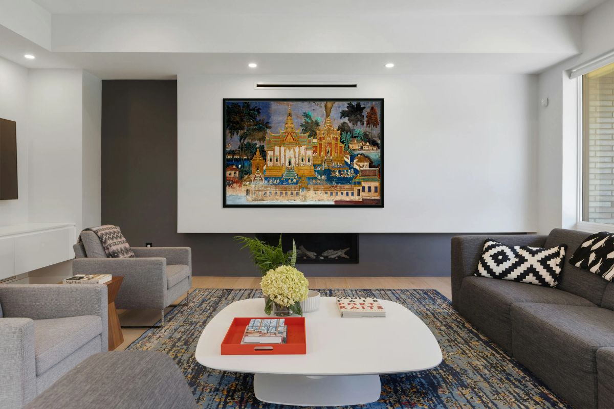 Cambodian temple mural depicting traditional life and architectu