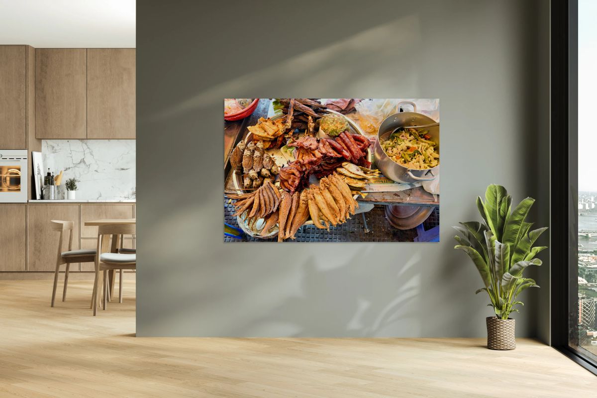 Delicious array of cooked fish sausages and stir fry.