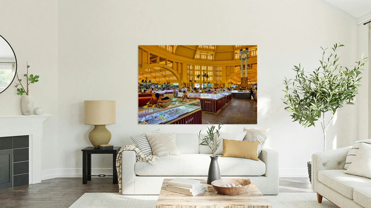 Bustling market with jewelry stalls and ornate architecture.
