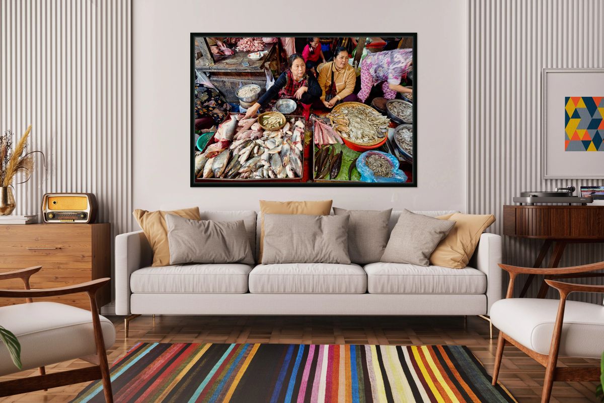 Market vendors selling fresh fish seafood and meat.