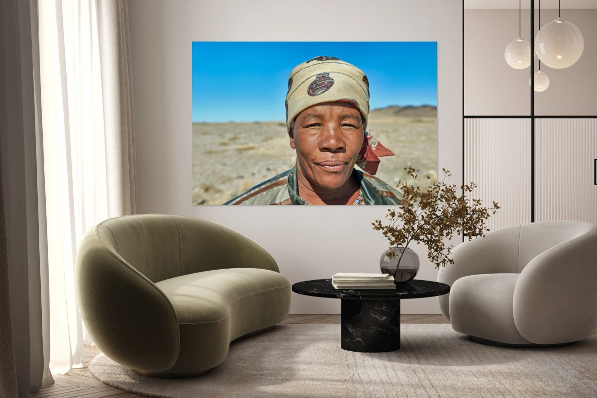 Portrait of a woman in Namibia with clear blue sky background