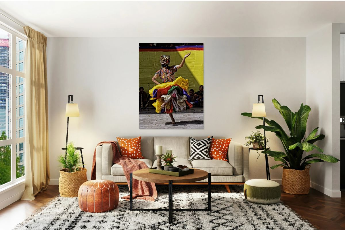 Vibrant masked dancer performs traditional dance.