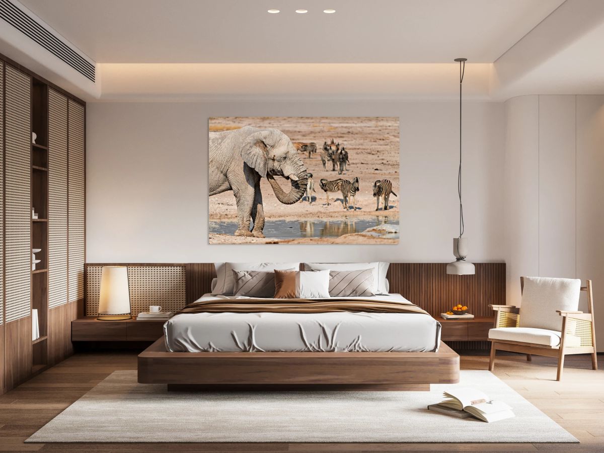 Elephant drinks water at waterhole in Etosha National Park Nami