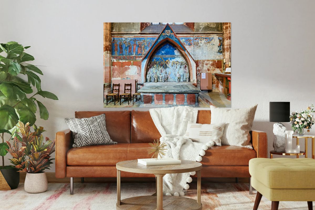 Old wall art and stone altar inside Saint Pierre le Jeune church