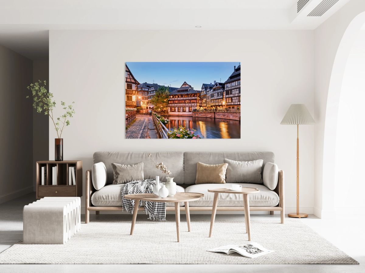 Evening in Petit France with timber framed houses by water