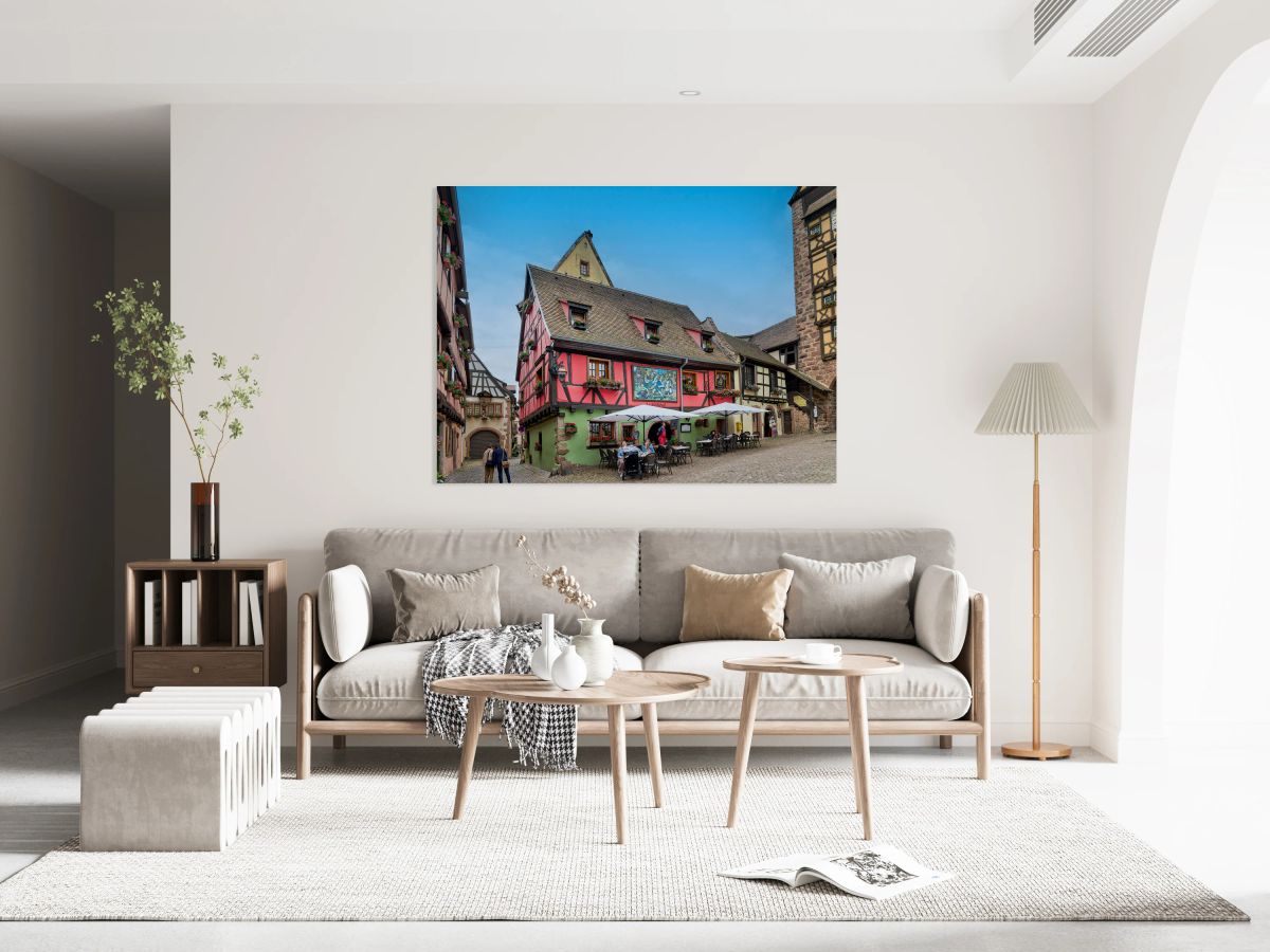 Timber framed houses and outdoor dining in Riquewihr Alsace