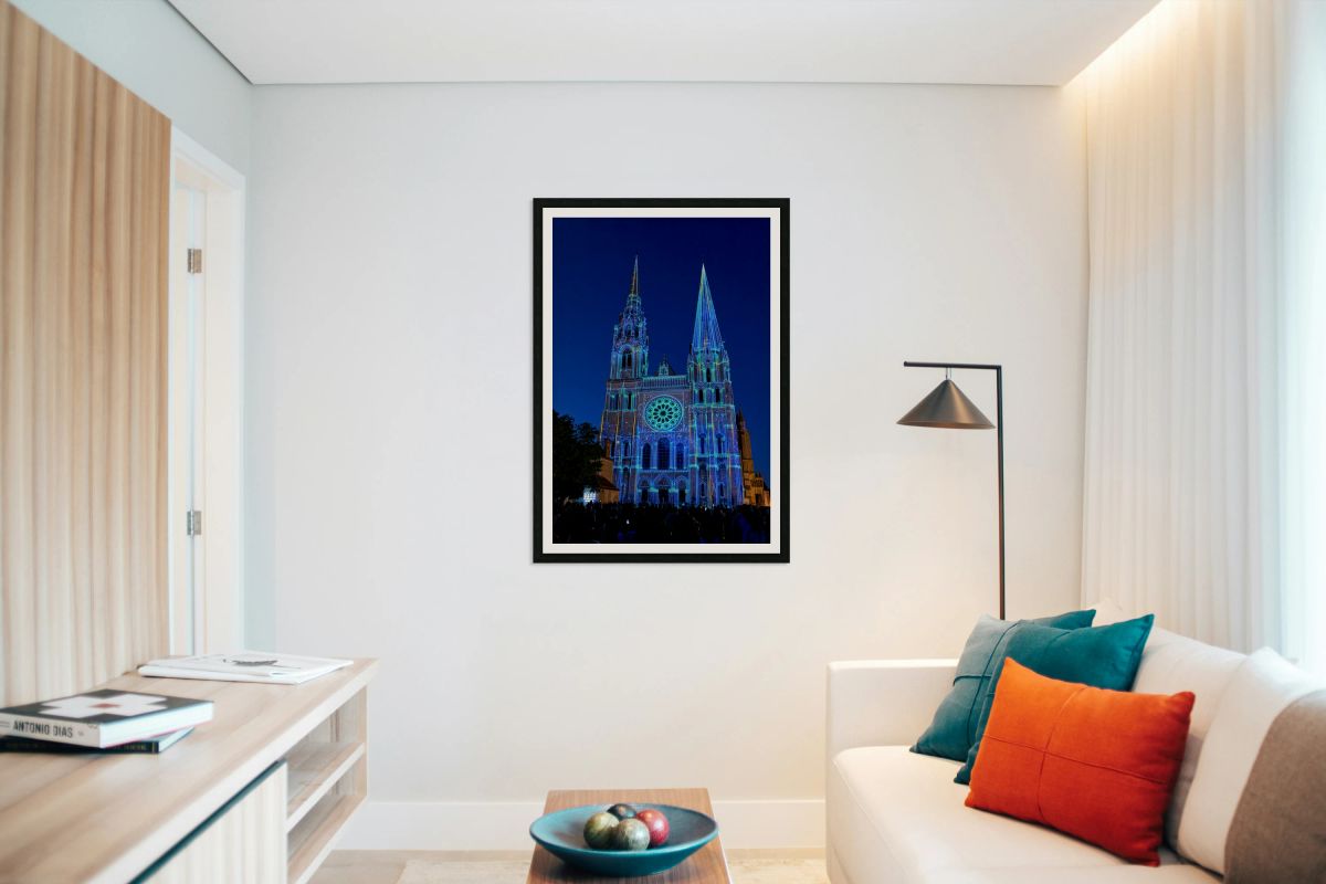 Cathedral of Chartres lit at night during a light show