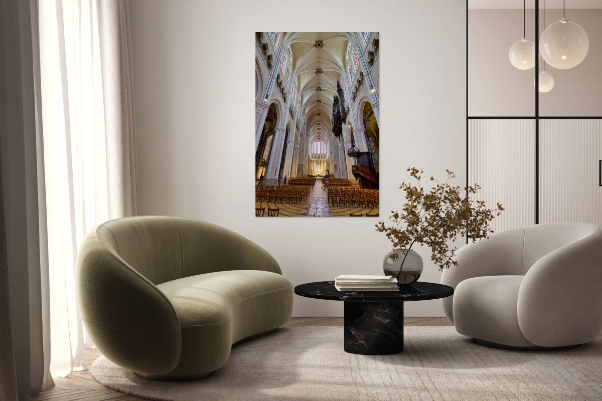Chartres Cathedral inside with tall arches and wooden chairs