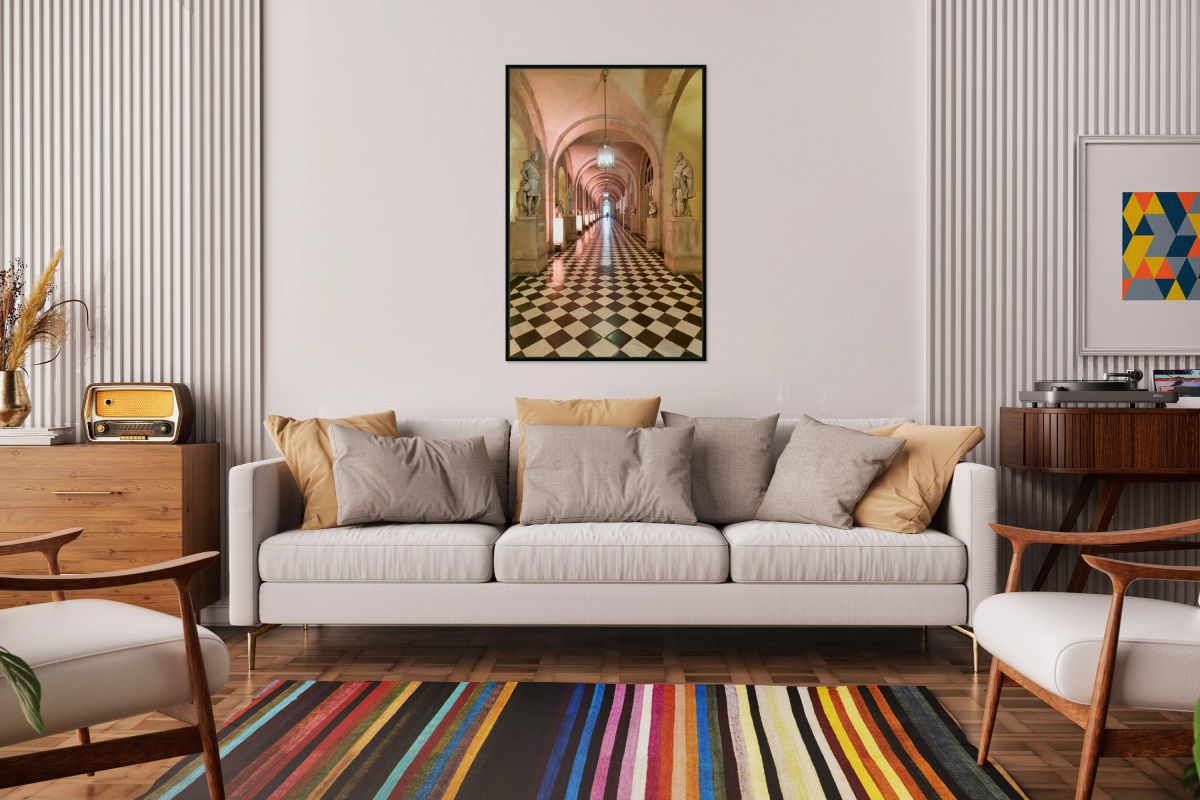 Long hallway with statues in Palace of Versailles Paris France