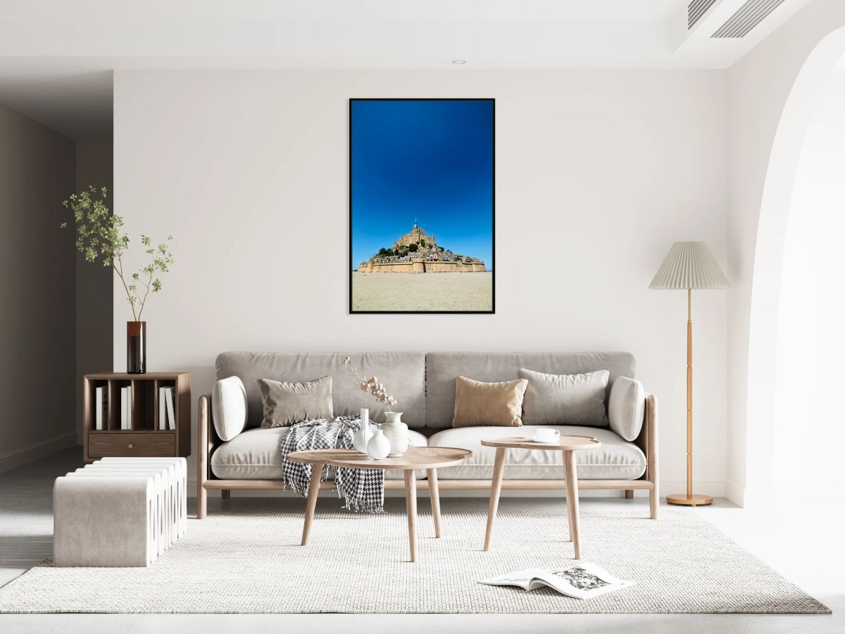 Mont Saint Michel at low tide in Normandy France with clear sky