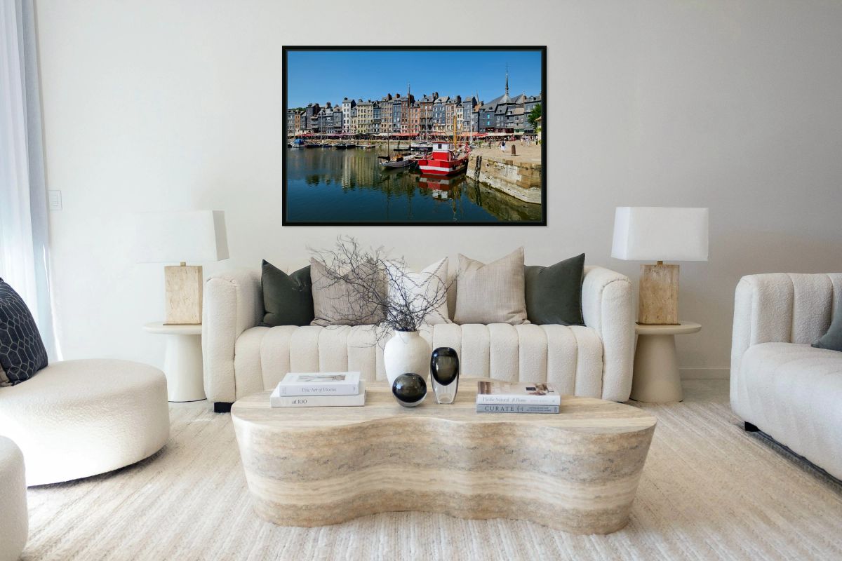 Harbour scene in Honfleur Normandy with boats and buildings