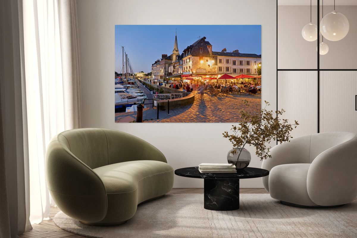 Harbour in Honfleur Normandy France during dusk with visible lig