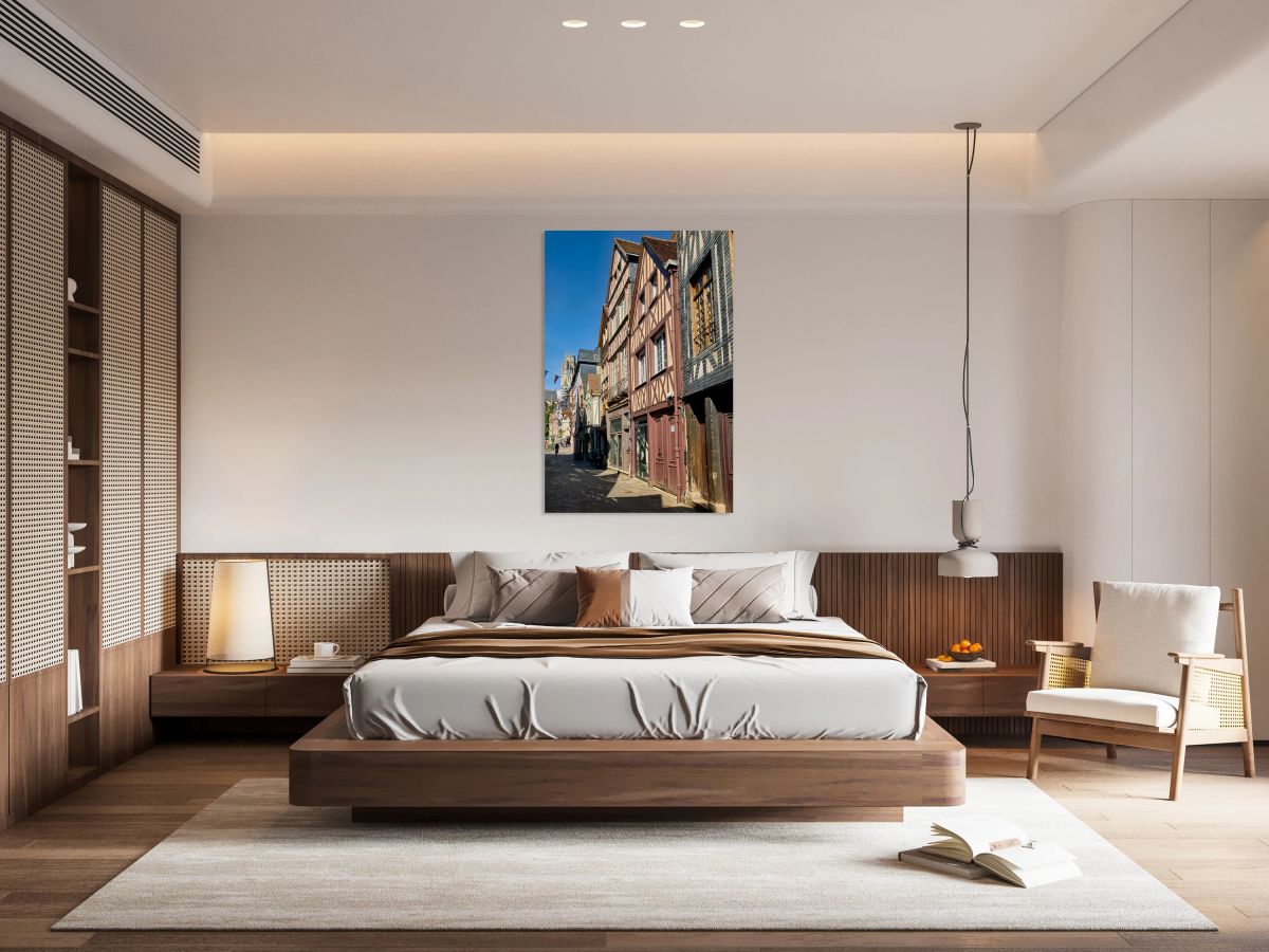 Timber houses line the street in Rouen Normandy France on a sunn