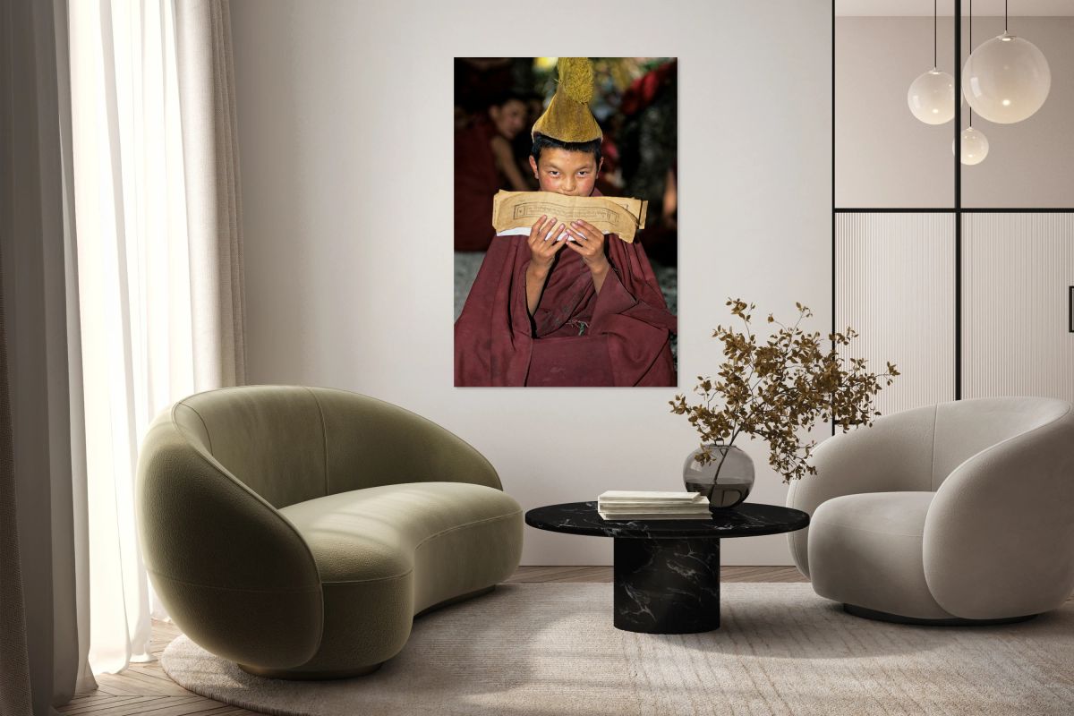 Young monk reads scripture in Tibet under natural light
