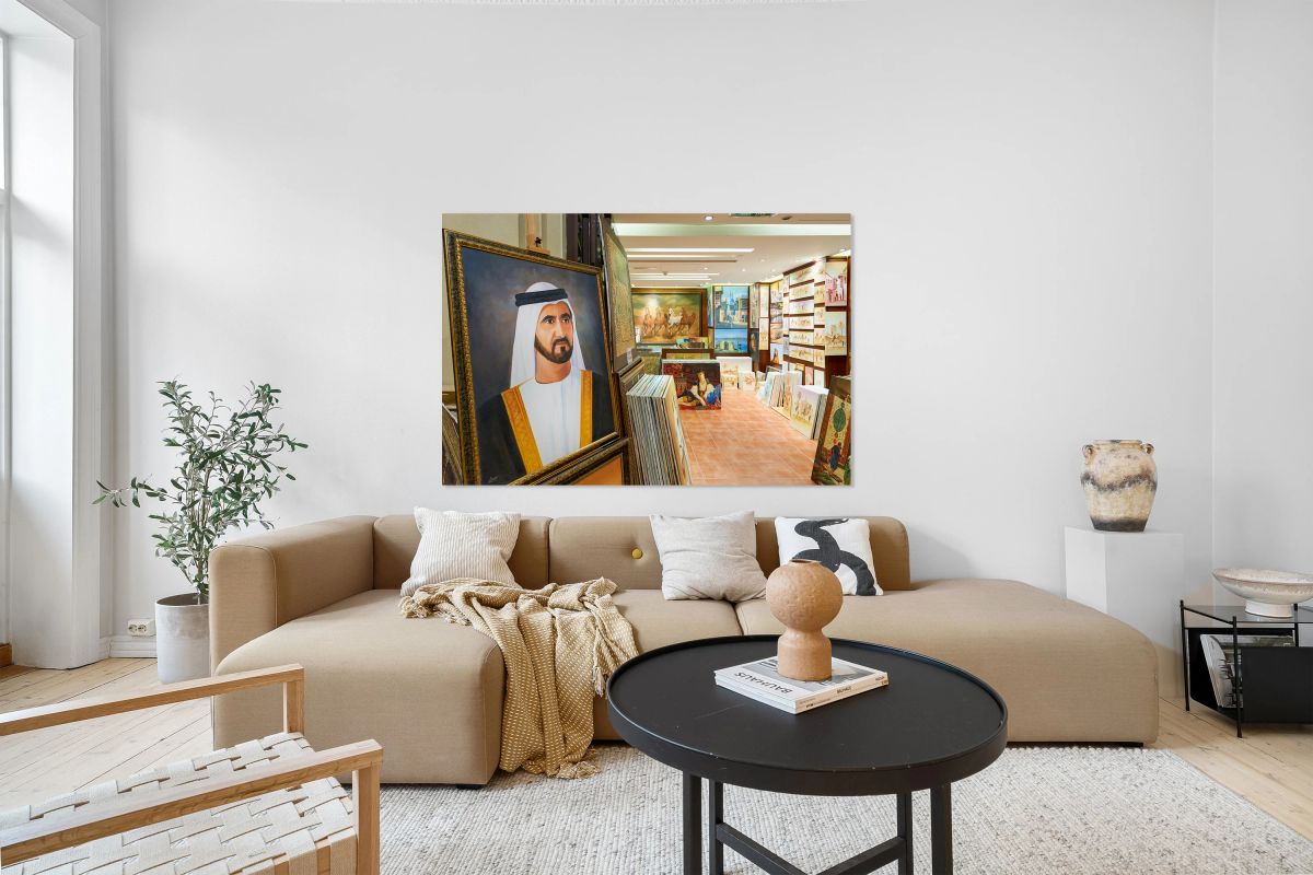 Middle Eastern art fills an art gallery in Dubai UAE