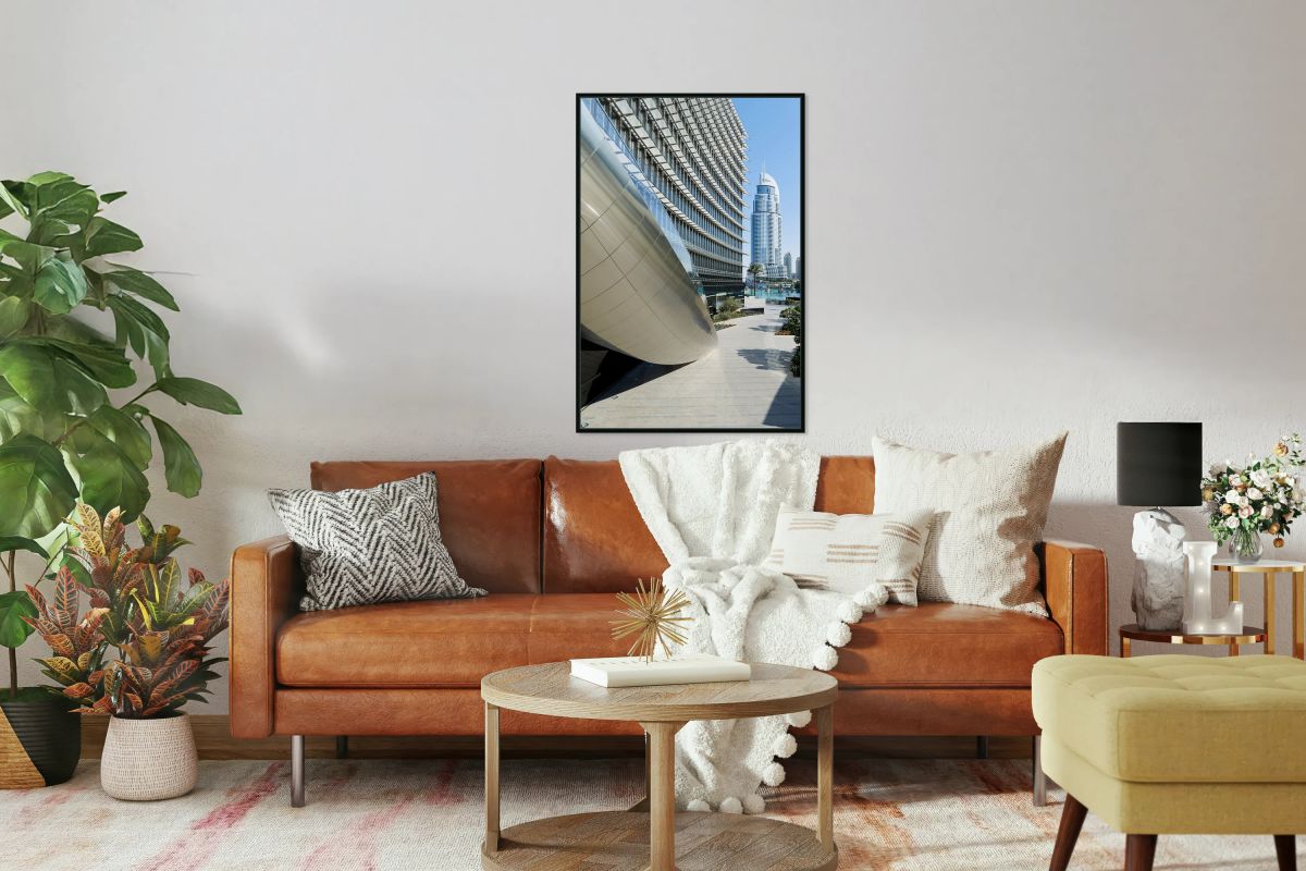 Modern architecture in Dubai with curved building and skyscraper