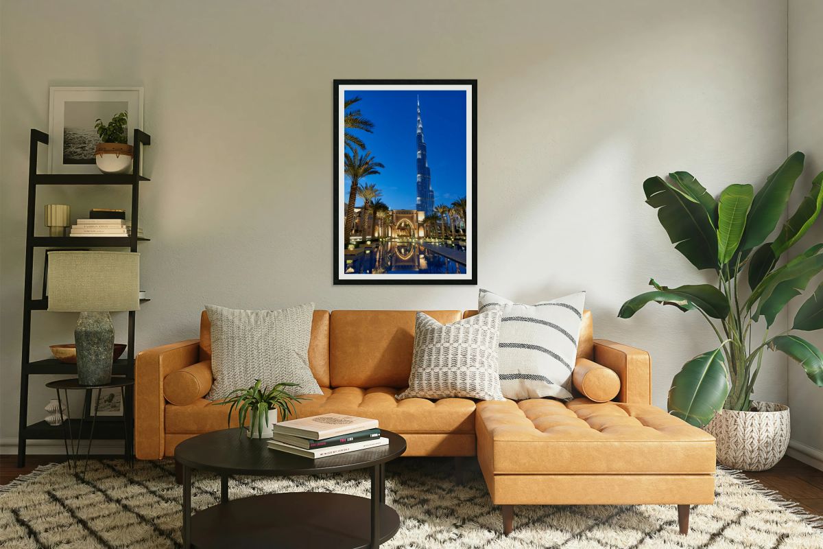 Dubai skyline with Burj Khalifa palm trees and reflections at 