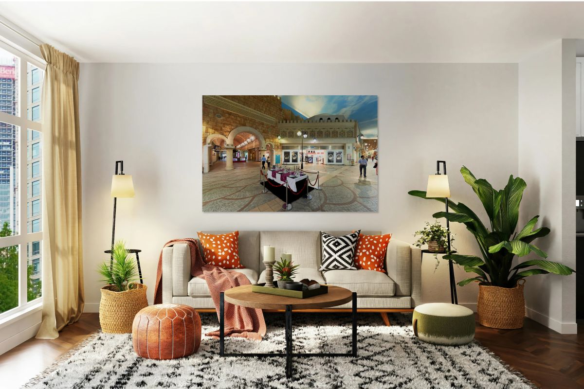 Indoor mall in Dubai features shops and a dining setup with peop