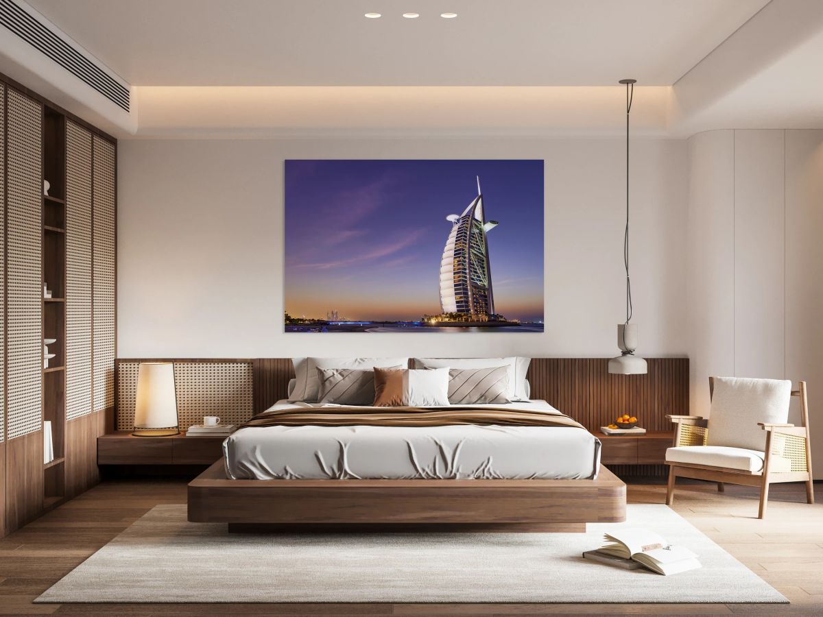 Burj Al Arab hotel standing tall in Dubai at twilight time