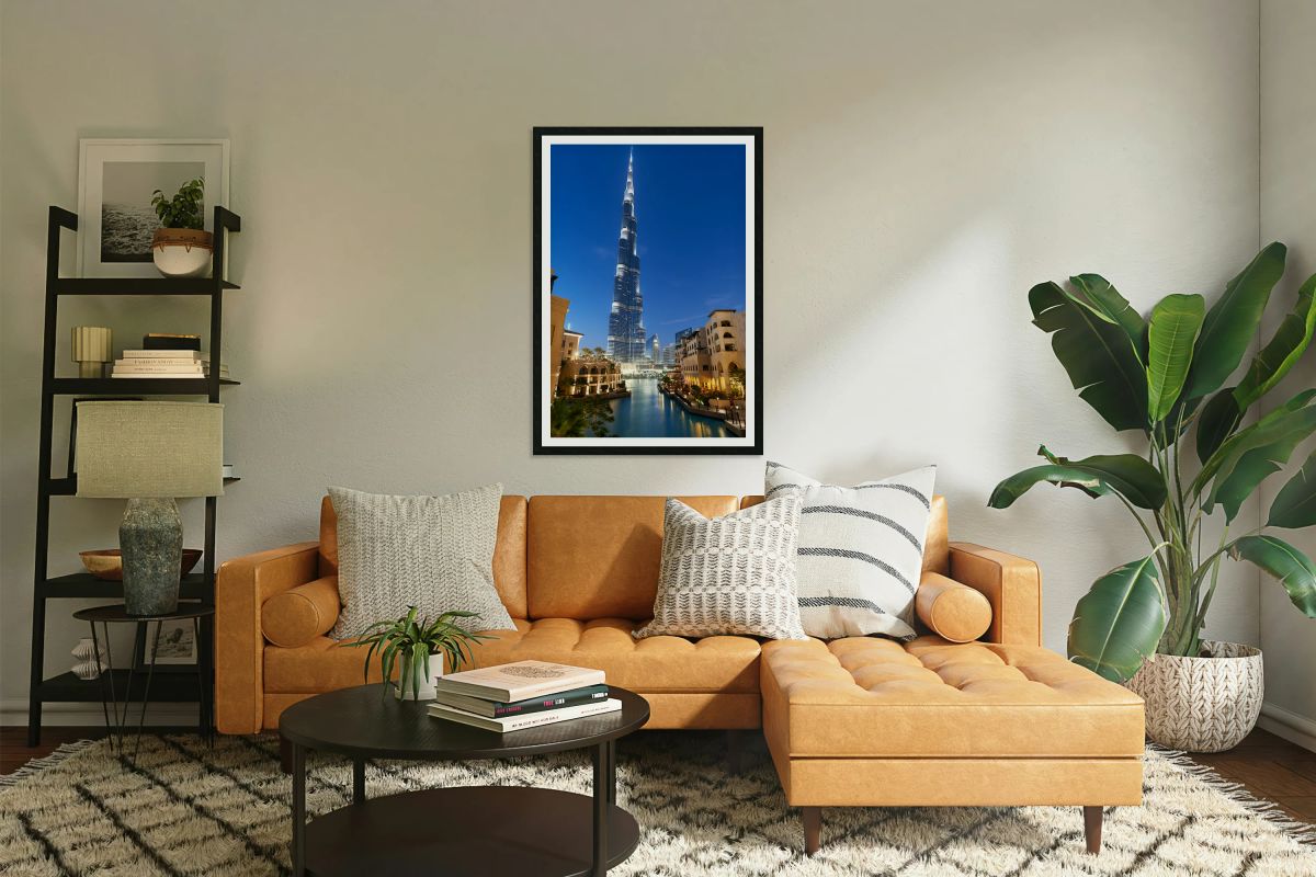 Burj Khalifa and Dubai canal light up night sky in Dubai UAE