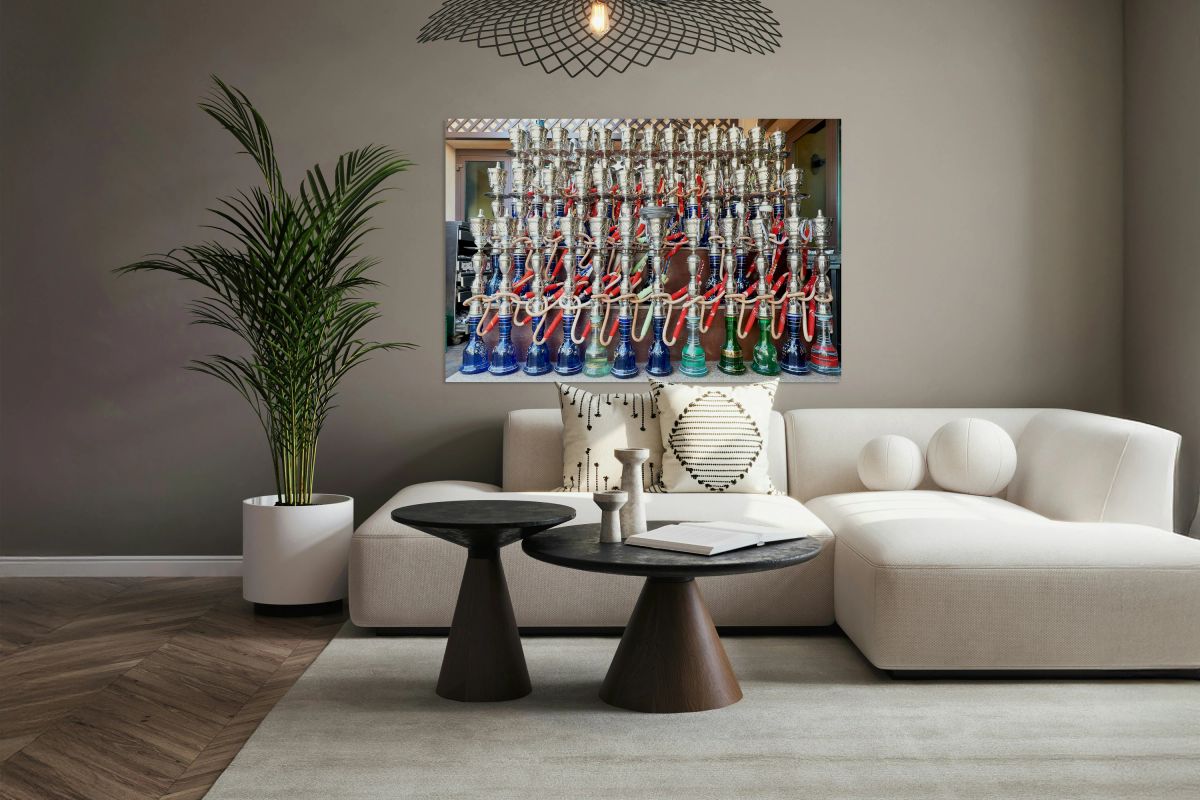 Display of hookahs for sale in Dubai cafe with many options