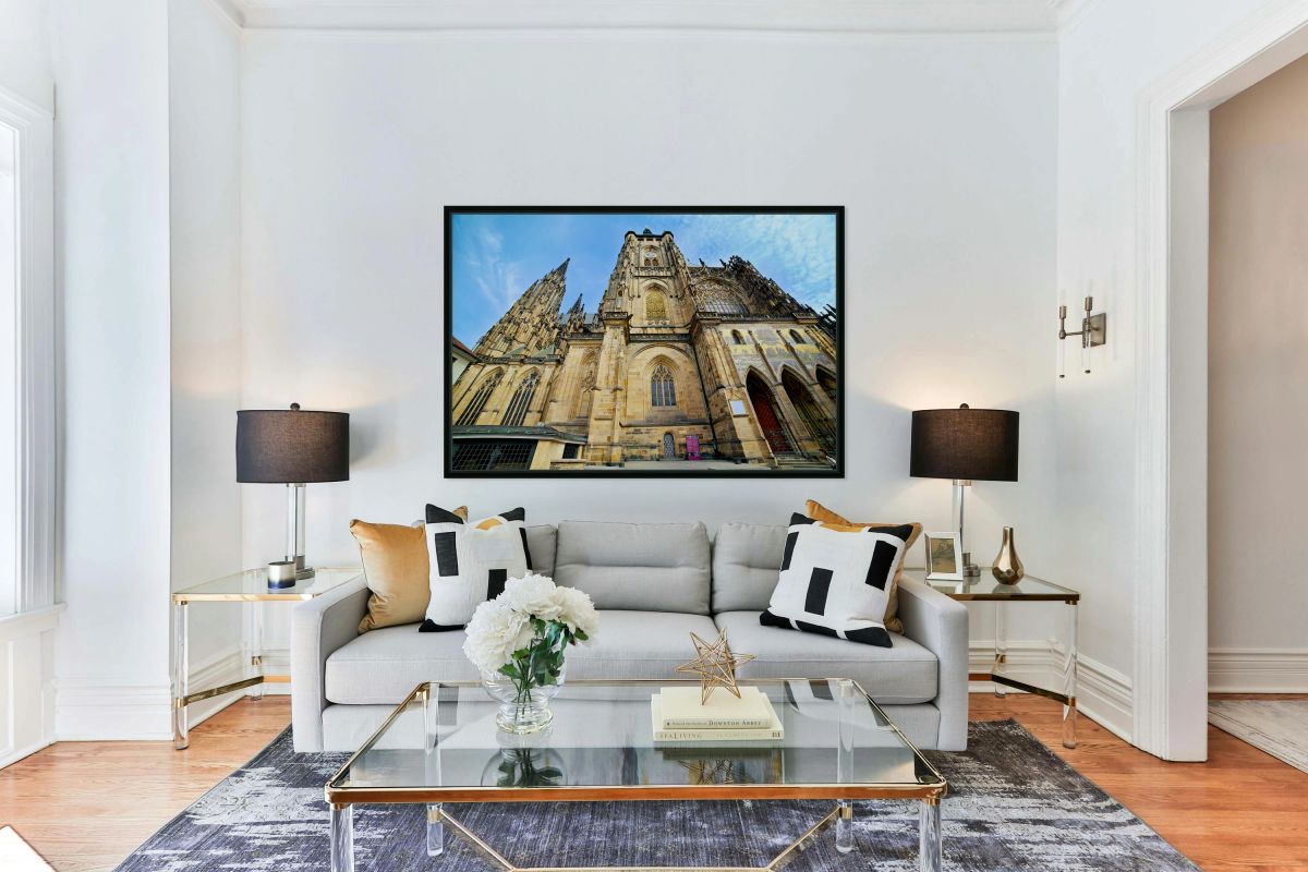 Ornate St. Vitus Cathedral facade against a blue sky.