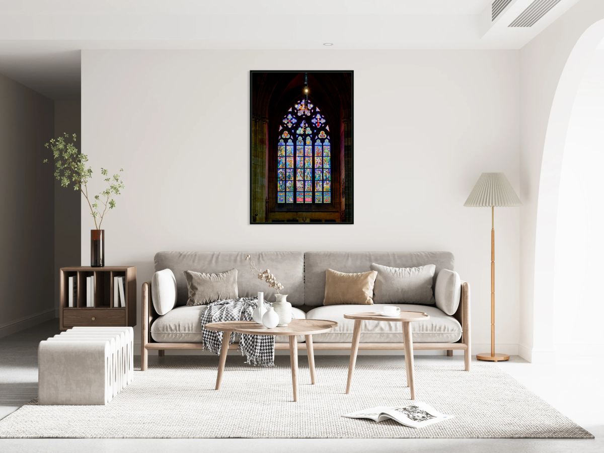 Vibrant stained glass window in a gothic cathedral.