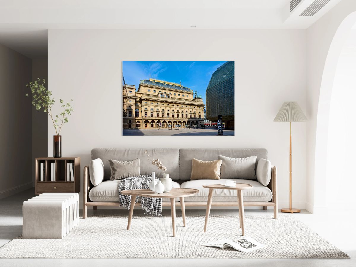 Pragues National Theatre and modern architecture contrast under