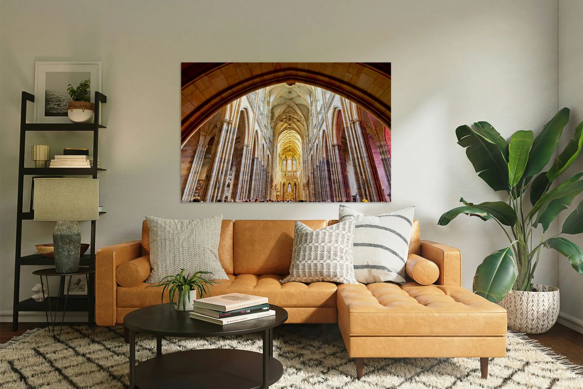 Grand cathedral interior with vaulted ceilings and stained glass