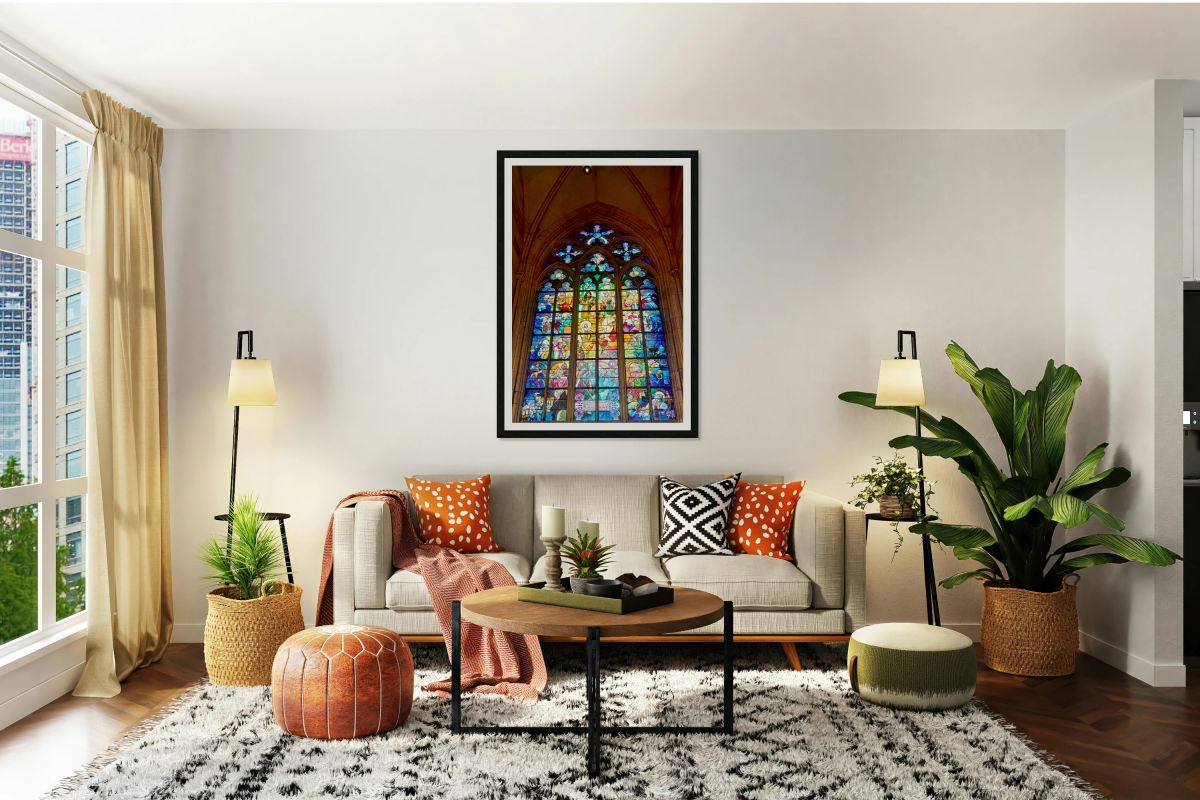 Vibrant stained glass window depicting religious figures and sce