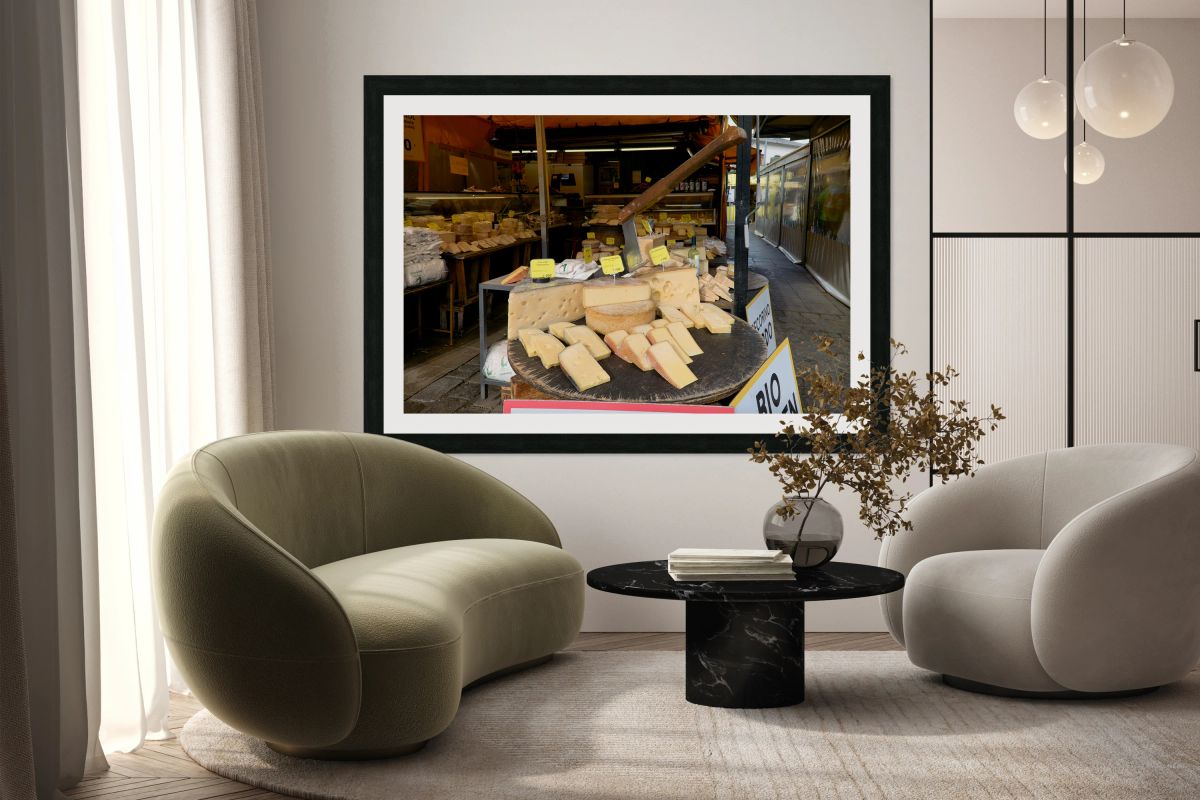 Cheese display at Viktualienmarkt in Munich Germany