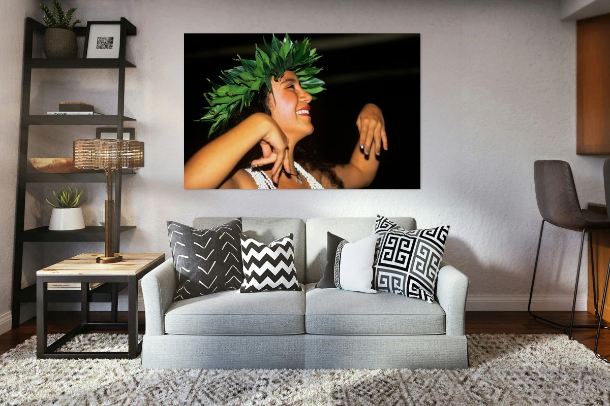 Smiling woman dances in traditional dress on Easter Island