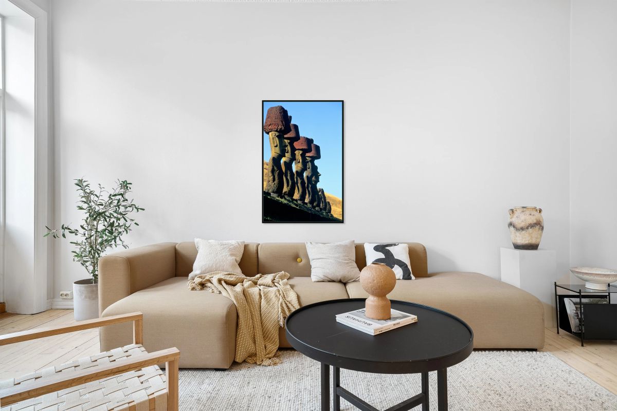 Moai statues with red topknots on Easter Island.