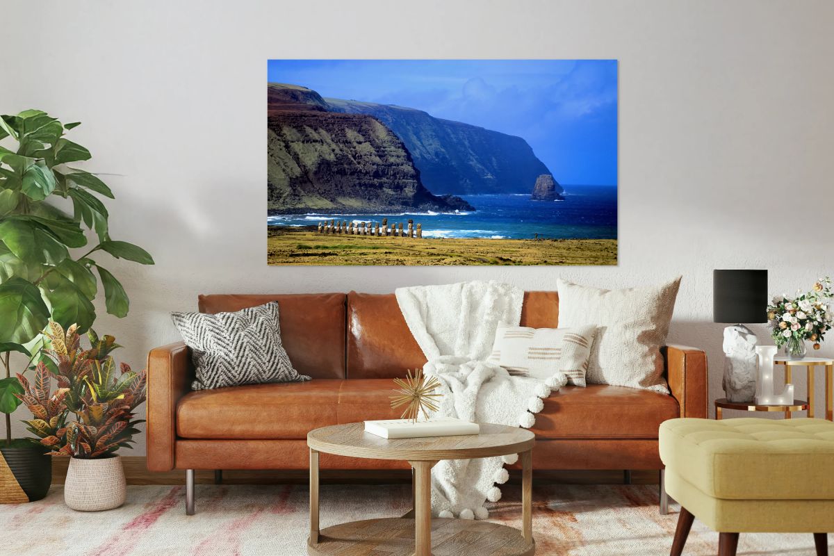 Moai statues on Easter Islands dramatic coastal landscape.