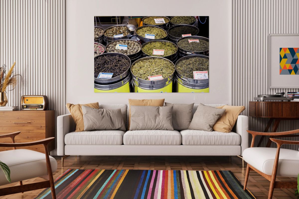 Assortment of teas for sale in metal bins at market in Shanghai