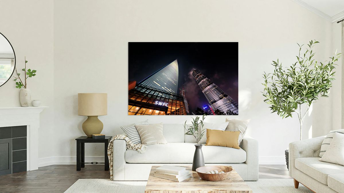 Bright lights of Shanghai skyscrapers at night in China