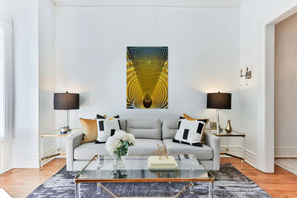 Shanghai grand hotel atrium has curved balconies and glass ceili