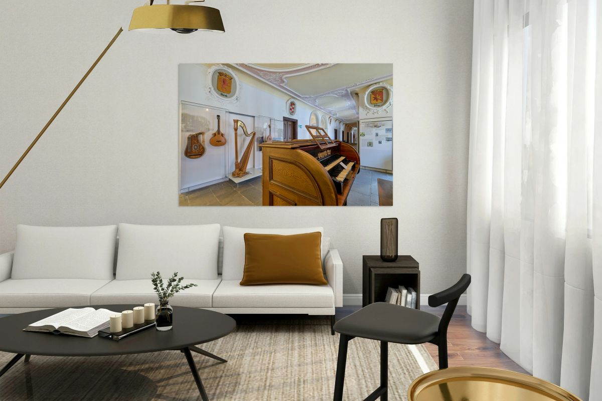 Musical instruments on display at St. Mang Abbey in Bavaria