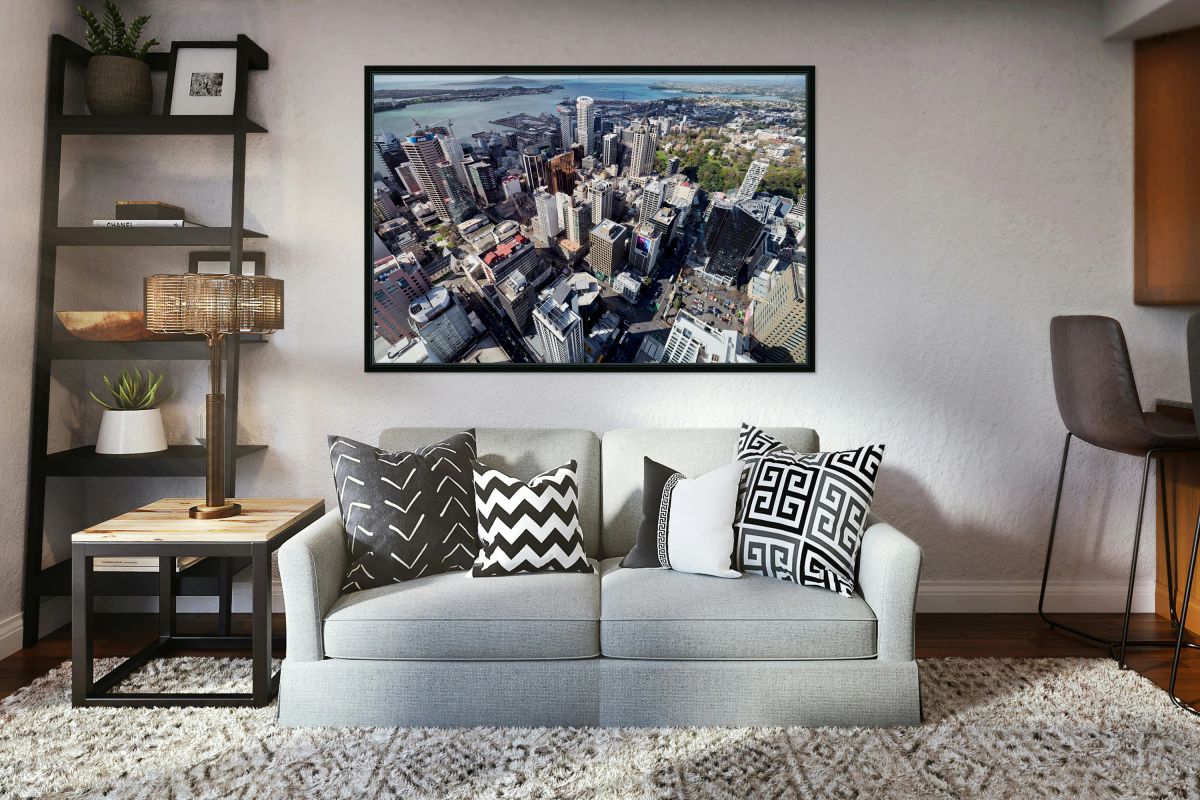 Aerial view shows Auckland city and business district in New Zea