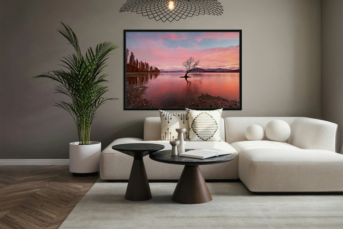 Tree at Lake Wanaka during sunset under colorful sky