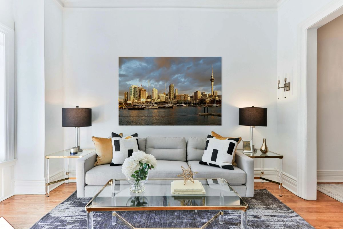 Auckland skyline at sunset from Viaduct Harbour