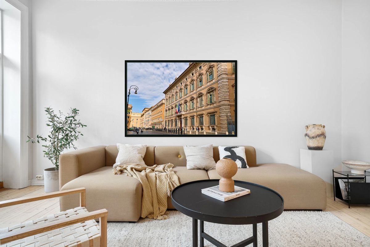 Palazzo Madama in Rome along a city street with people and vehic