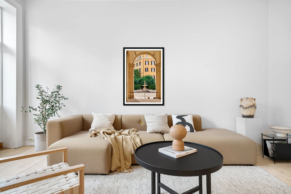 Fountain view through arch at Galleria Nazionale Rome