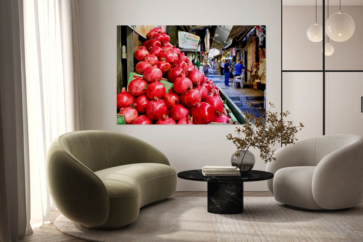 Fresh fruit stall in old city of Jerusalem with red pomegranates