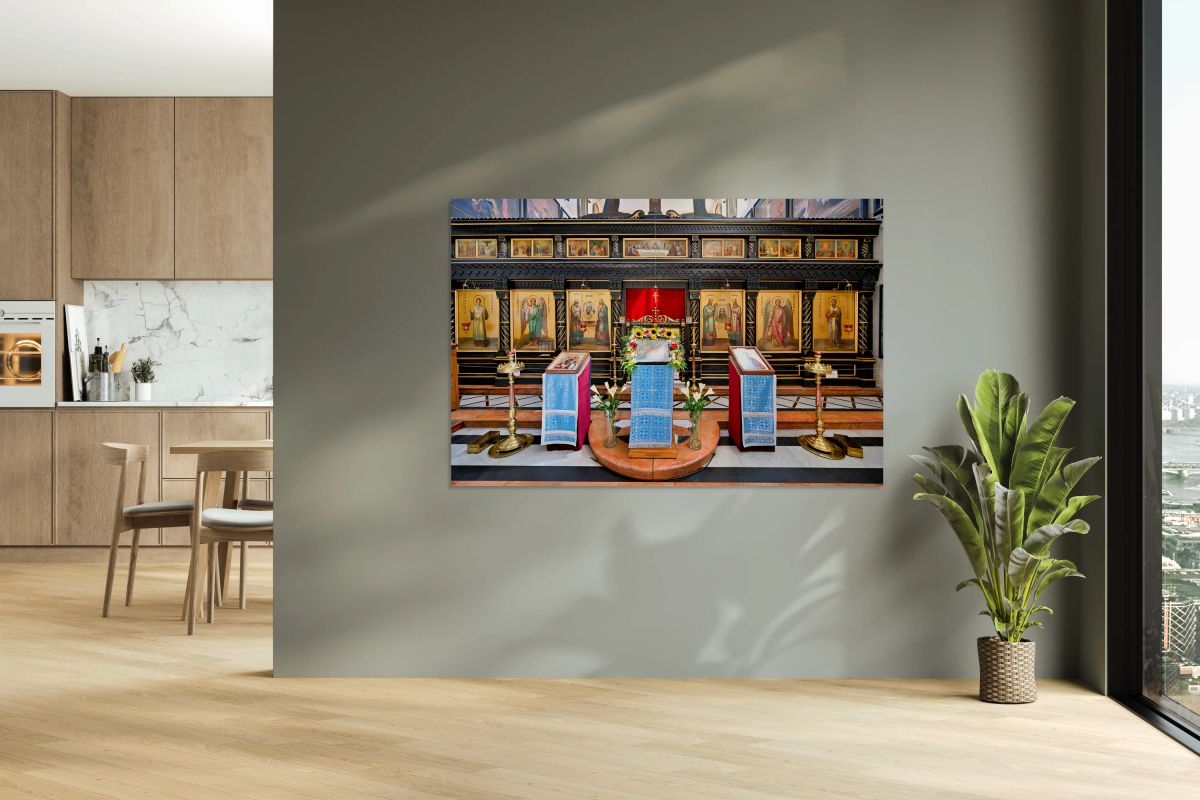 Orthodox Church interior in Jerusalem with icons and altar setup